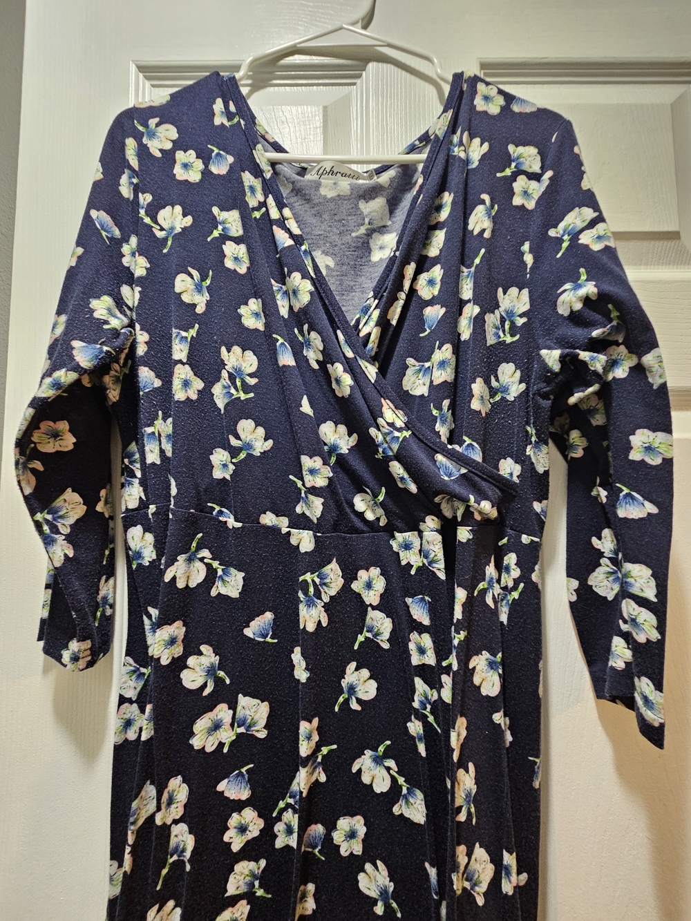 Navy Floral Wrap Dress with White & Pale Blue Blooms